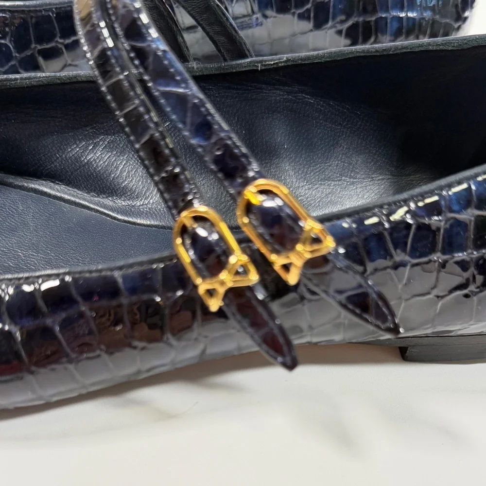 Sarah Flint Navy Croc Embossed Leather Mary Jane Flat 39.5 US 9 Old Money Luxury